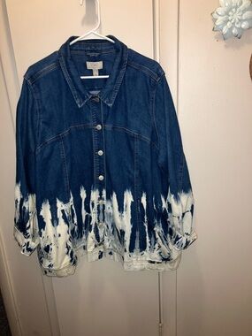 LOGO by Lori Goldstein Navy Blue and White Tie-Dye Distressed Denim Jacket 24W